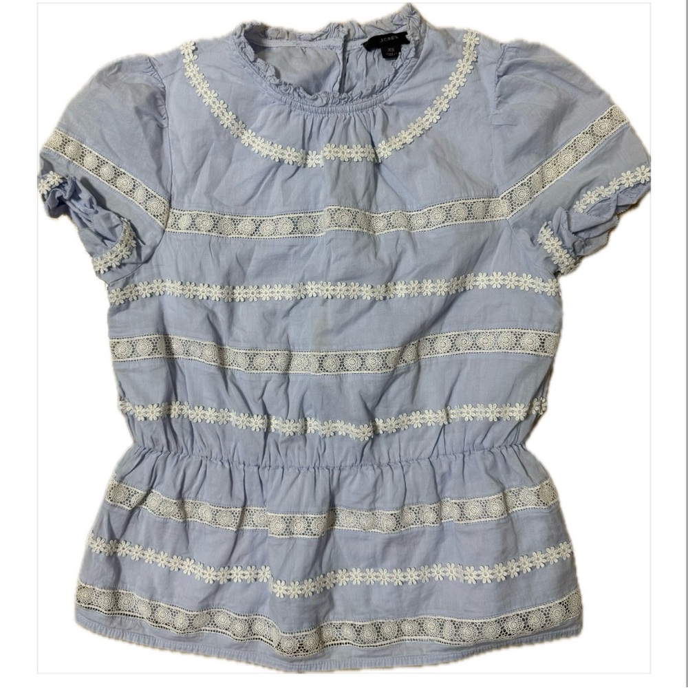 J Crew Daisy Chain Peplum Baby Blue Short sleeve Blouse XS Cotton Gingham
